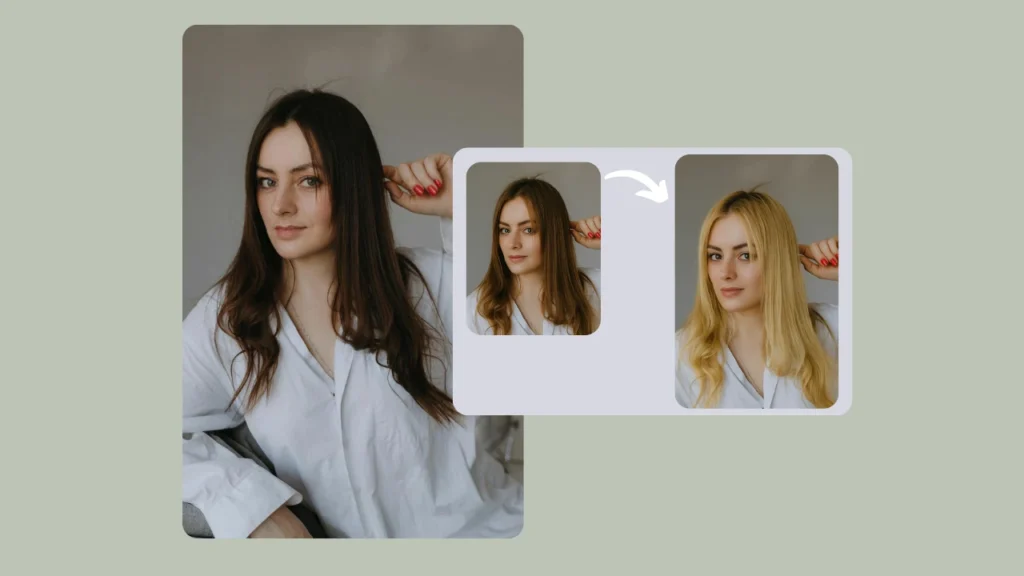 Transformación del color del cabello de castaño a rubio. Una imagen realista del antes y el después muestra cómo las aplicaciones de prueba pueden cambiar el estilo al instante.