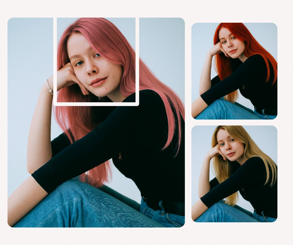 Retratos de mujeres jóvenes con cabello de múltiples colores. Se aplican digitalmente tonos rosa, rojo y rubio, creando opciones elegantes para transformaciones virtuales.