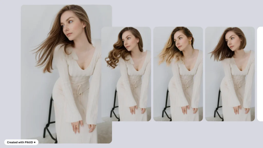 Una mujer rubia con un vestido beige posa con diferentes peinados, una al lado de la otra, sobre un fondo neutro. La imagen muestra variaciones virtuales de peinados con cabello suelto y sutiles cambios de estilo.