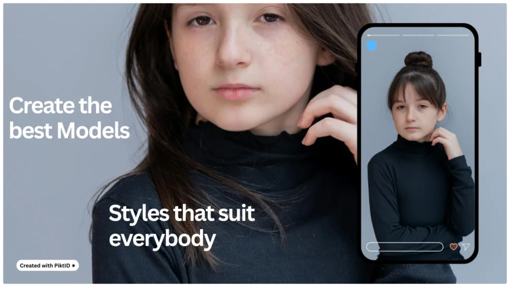 Una joven con un jersey negro de cuello alto aparece junto a la pantalla de un teléfono que muestra su retrato con el pelo arreglado. El texto de la imagen promueve la creación de los mejores modelos y estilos para todos.