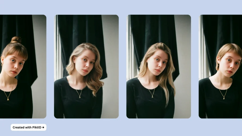 Una mujer rubia se presenta en múltiples retratos, uno junto al otro, con diferentes peinados virtuales probados. Cada versión destaca cómo su apariencia cambia sutilmente con los cortes de pelo y las variaciones de estilo.