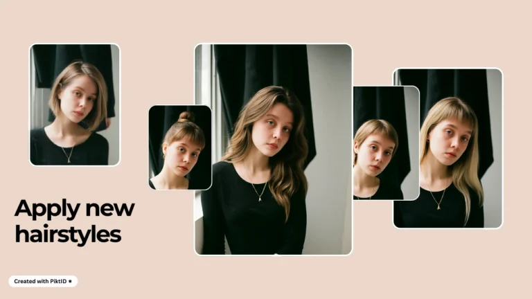 Un grupo de retratos muestra a una mujer rubia con diversas transformaciones de peinado, dispuestas en un collage. La composición enfatiza cómo el peinado virtual puede alterar la apariencia de diversas maneras.