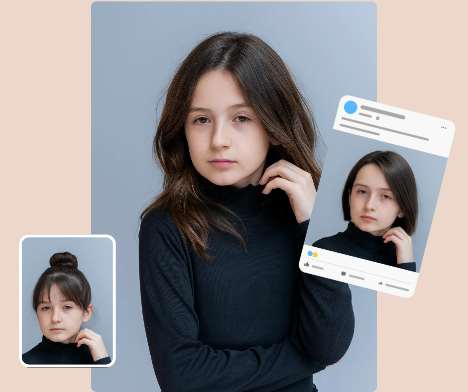 Una chica con cabello oscuro suelto hasta los hombros posa sobre un fondo azul grisáceo. Dos fotos insertadas muestran una prueba de peinado virtual alternativo, que incluye un moño y un look liso y elegante, como si fuera una vista previa para redes sociales.