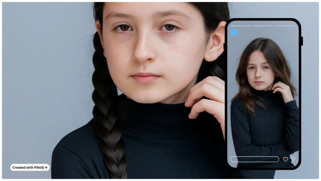 Una joven de cabello oscuro posa junto a la pantalla de un teléfono mostrando un peinado alternativo. La composición destaca una herramienta virtual predefinida para experimentar con peinados infantiles.