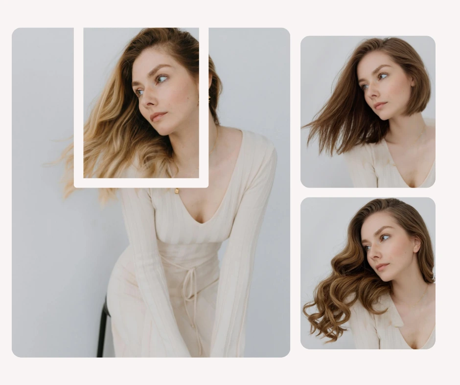 Una mujer con un traje color crema posa con una larga melena suelta, y dos imágenes insertadas muestran peinados alternativos, incluyendo un bob y rizos suaves. El collage destaca los cambios en la longitud y la textura del cabello.