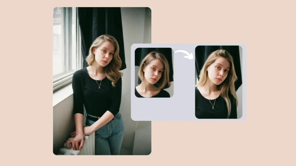 Una joven con un top negro posa junto a una ventana para una comparación de peinados. El collage muestra su look original junto con versiones editadas digitalmente con diferentes longitudes y colores de pelo.