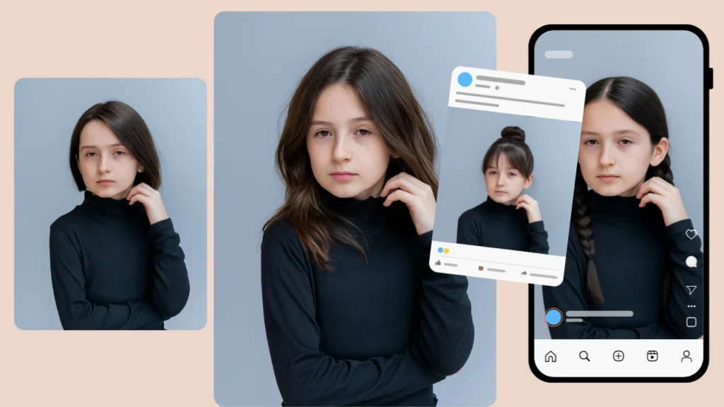 Una joven con un jersey de cuello alto negro posa sobre un fondo azul claro en múltiples encuadres que imitan publicaciones de redes sociales. Las variaciones resaltan diferentes peinados presentados en formato de prueba digital.