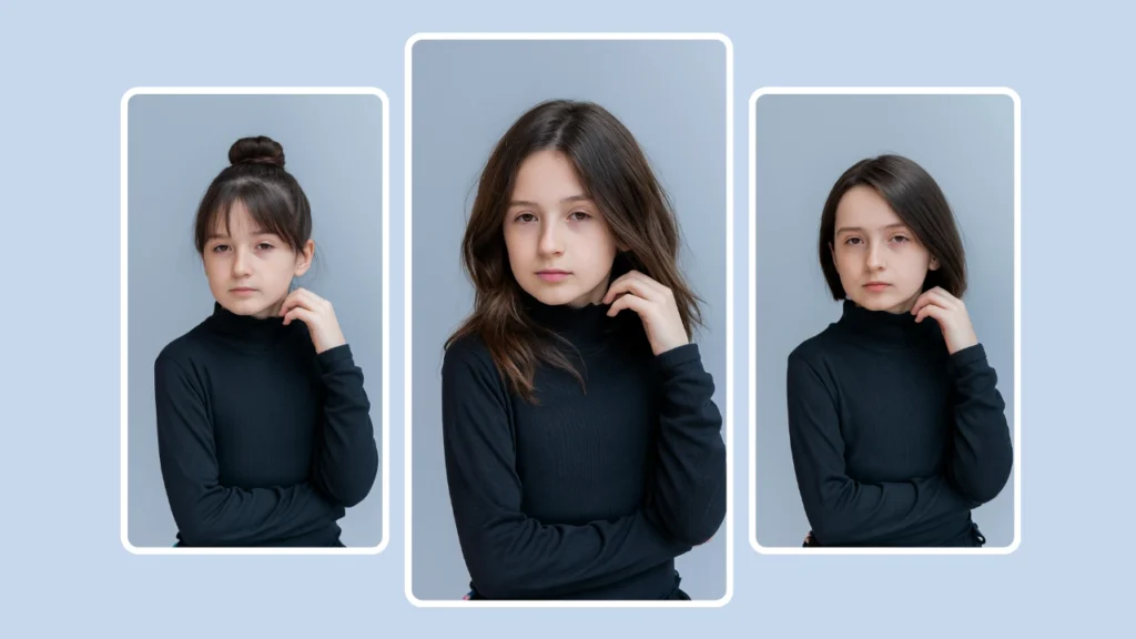 Tres retratos de la misma joven con un jersey de cuello alto negro muestran diferentes peinados sobre un fondo azul grisáceo. Cada panel está enmarcado con bordes redondeados para resaltar las opciones de prueba de peinados virtuales.