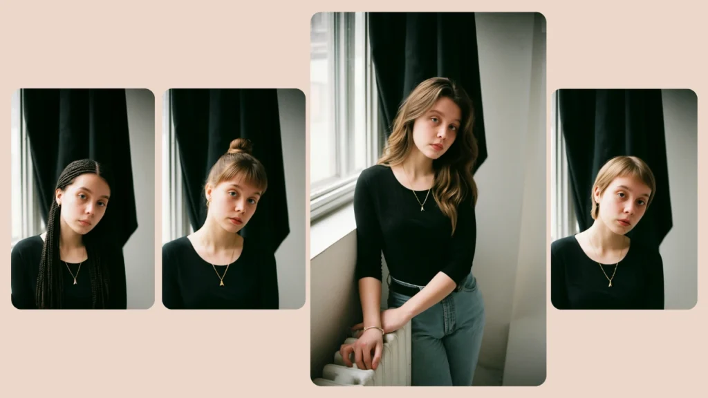 Una mujer con un top negro se muestra con varios peinados editados alrededor de un retrato central de cuerpo entero. El diseño destaca diferentes cortes, como trenzas, moños y peinados cortos, para inspirar un cambio de imagen virtual.