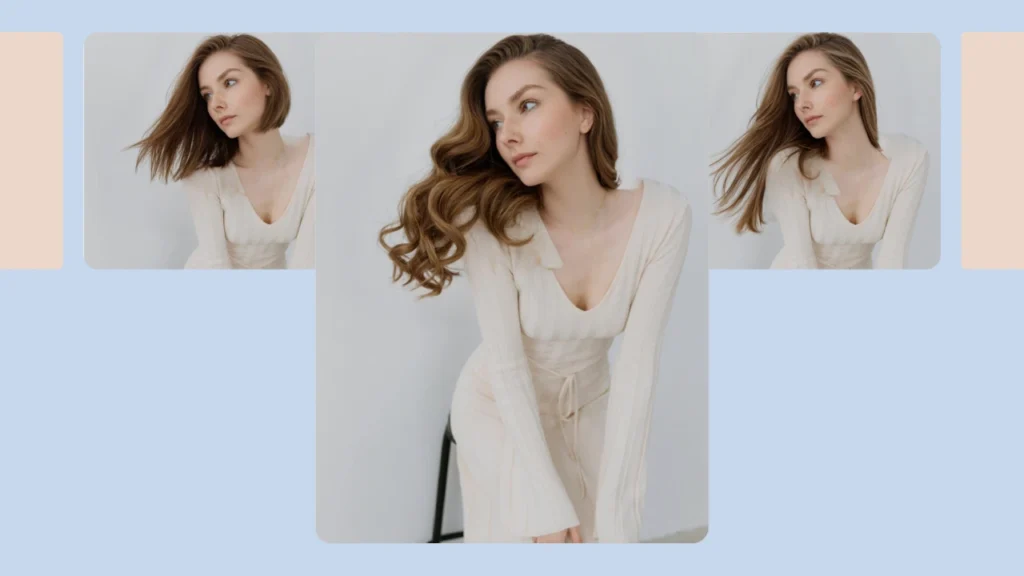 Una mujer rubia con un vestido color crema aparece en tres poses con variaciones de peinados sueltos y hasta los hombros. El collage destaca el retrato central con dos peinados alternos a cada lado.