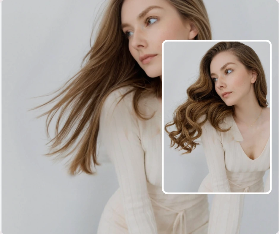 Se muestra a una mujer con un vestido largo color crema, con el cabello suelto hacia un lado. Un recuadro se centra en su cabeza y torso, con rizos definidos y voluminosos.