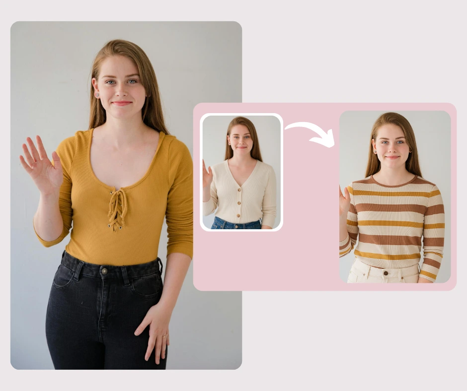 Presentazione virtuale basata sull'intelligenza artificiale che mostra una giovane donna in tre diversi outfit casual. Lo strumento dimostra come gli stili di abbigliamento possano essere cambiati all'istante con risultati realistici.
