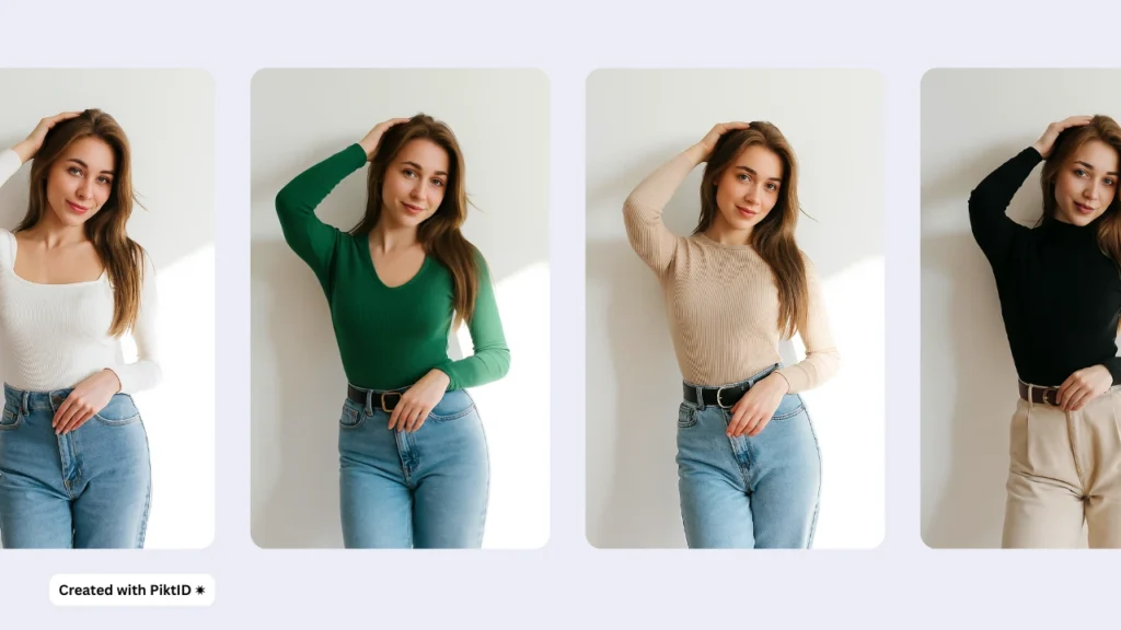 Camerino virtuale che mostra quattro varianti di outfit casual indossati da una giovane donna. L'immagine mette in risalto la simulazione di abbigliamento tramite intelligenza artificiale per l'e-commerce di moda.