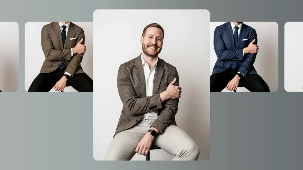 L'intelligenza artificiale trasforma l'abbigliamento di un giovane uomo da casual a formale. Dimostra la tecnologia digitale della moda per l'abbigliamento professionale.