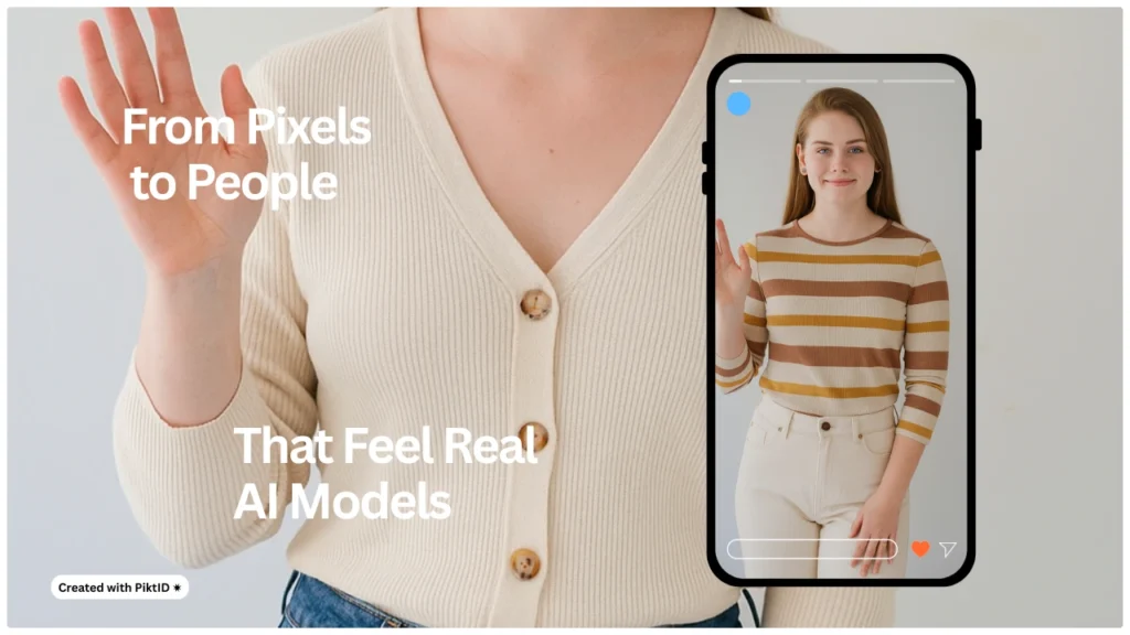 Pubblicità di prova di PiktID con slogan "Dai pixel alle persone: modelli di intelligenza artificiale che sembrano reali". L'immagine evidenzia quanto la simulazione digitale degli abiti sembri realistica.