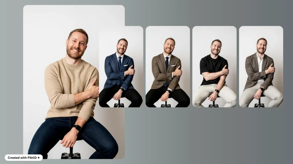 Un sistema di cambio di outfit generato dall'intelligenza artificiale che mostra un uomo in diverse varianti di outfit, tra cui casual e formali. Mostra la personalizzazione dell'outfit tramite prove virtuali.