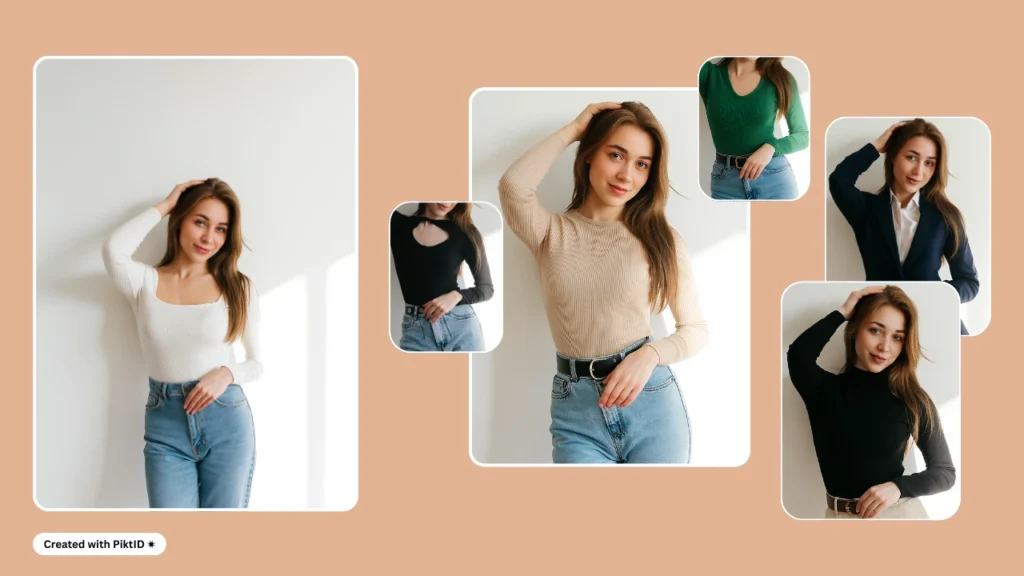 Generatore di outfit virtuali che applica diversi top e stili a una giovane donna. L'intelligenza artificiale che cambia outfit aiuta a visualizzare all'istante le scelte di moda.