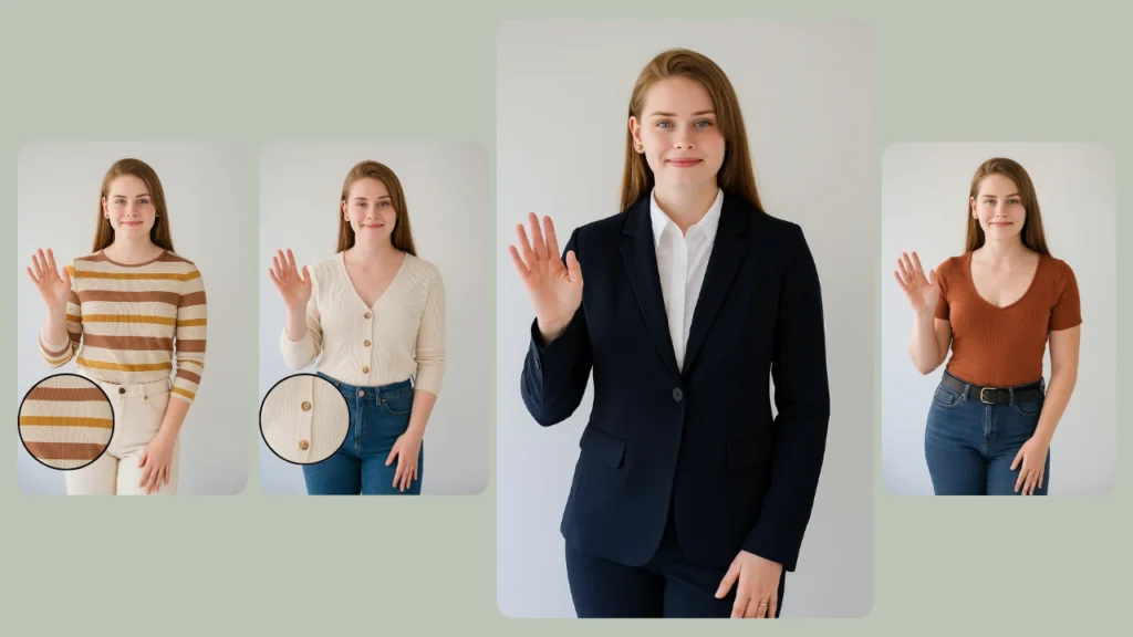 Prova virtuale di abiti con intelligenza artificiale, basata su PiktID, che mostra look casual, formali e alla moda su una giovane donna. La prova virtuale mette in risalto la versatilità degli outfit.