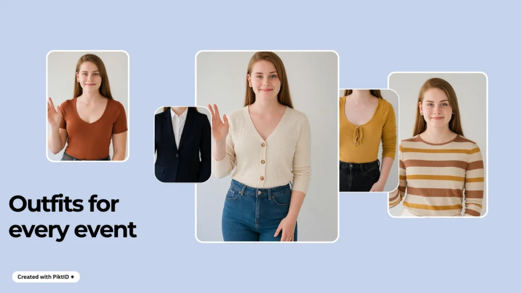 La funzionalità di styling basata sull'intelligenza artificiale intitolata "Outfit per ogni evento" mostra diversi look indossati da una giovane donna. La prova virtuale degli abiti mostra come gli utenti possono esplorare idee di outfit per tutte le occasioni.