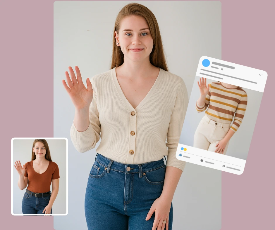 Una giovane donna usa Outfit Changer per visualizzare in anteprima diversi outfit, tra cui un cardigan color crema, un top a righe e una t-shirt color ruggine. La foto mostra come le anteprime di moda digitali possano migliorare i post di stile sui social media.
