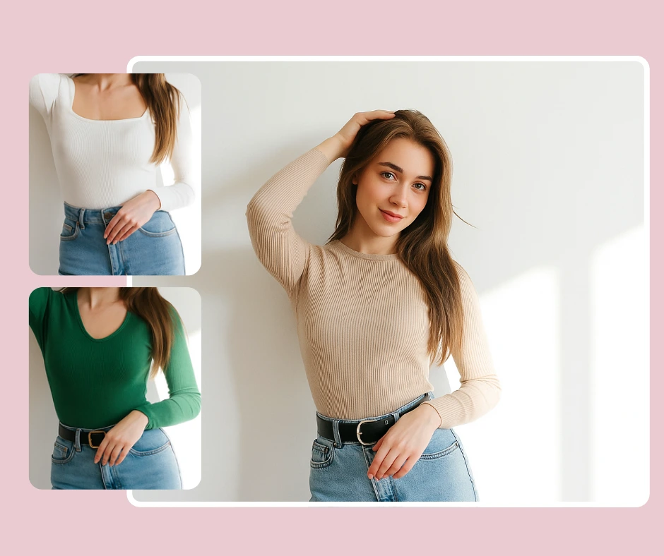 Una giovane donna usa PiktID per visualizzare in anteprima diversi top, tra cui un maglione beige, una camicetta bianca con scollo quadrato e un top aderente verde. L'immagine evidenzia come le anteprime digitali degli outfit aiutino a visualizzare le scelte di stile.