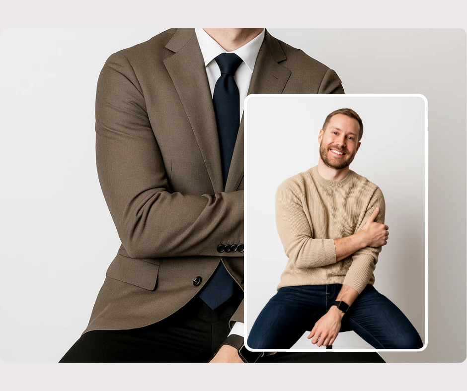 Un uomo mostra come PiktID Studio utilizza la tecnologia per provare abiti, alternando un maglione beige con jeans a un abito marrone con cravatta blu navy. L'immagine mostra come le anteprime digitali degli outfit facilitino il confronto tra look casual e professionali.