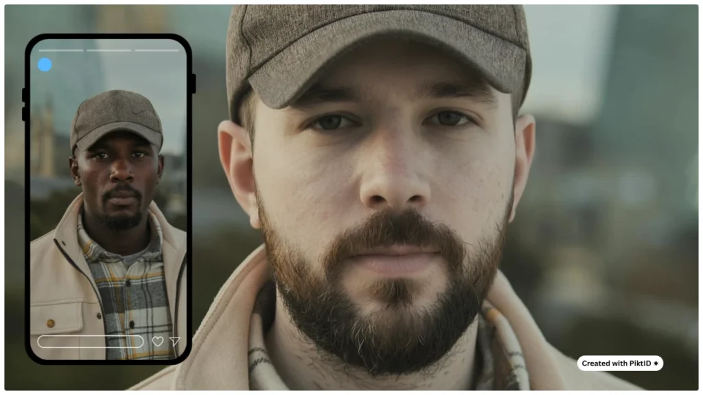 Vista de cerca de un hombre con una gorra con múltiples variaciones de rostro generadas a través del intercambio de fotografías con IA, que muestra una iluminación realista y consistencia en los detalles.