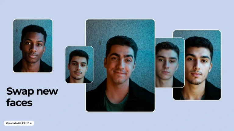Un diseño estilo banner que muestra múltiples ejemplos de intercambio de rostros mediante fotografías de IA entre modelos de varias etnias, utilizado como imagen destacada para mostrar la tecnología de cambio de rostro.