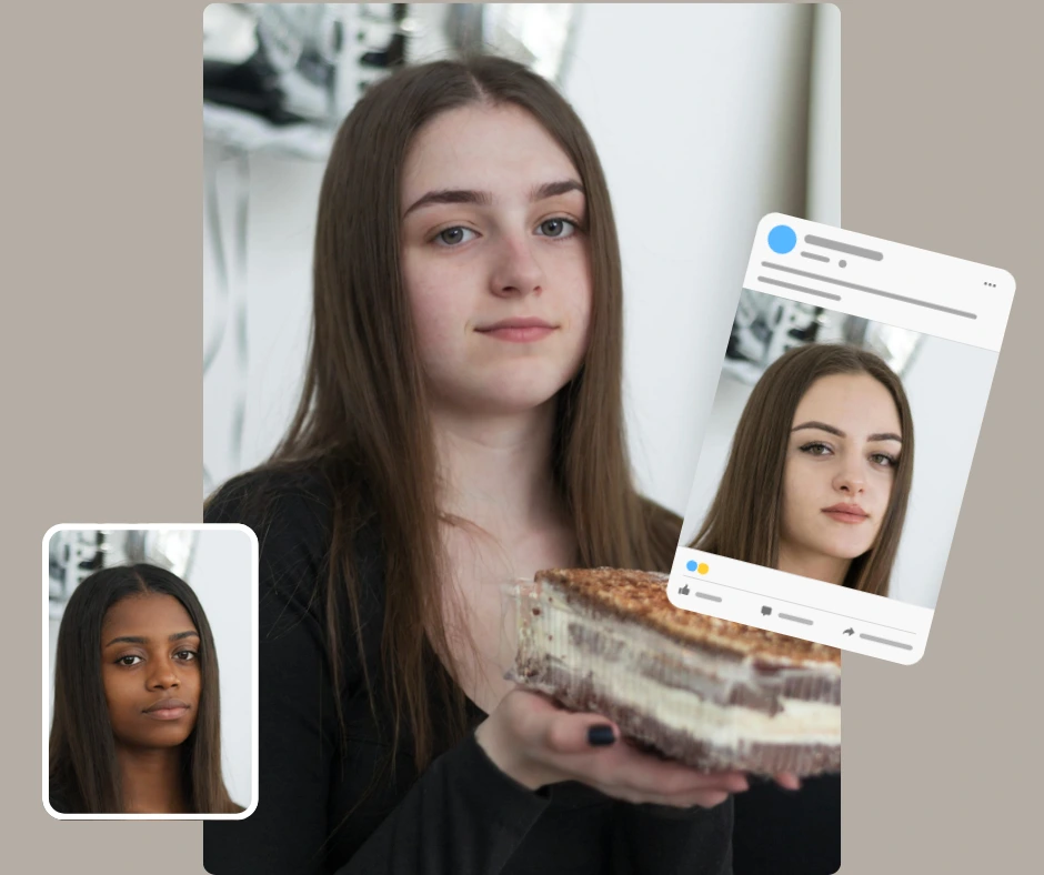 Eine junge Frau mit einem Kuchen in der Hand wird mit ihrem veränderten Gesicht in Social-Media-ähnlichen Rahmen gezeigt. Dies zeigt, wie KI-basierte Gesichtsveränderung fotorealistische Ergebnisse erzielen kann. Ein perfektes Beispiel für Social-Media-taugliche Gesichtsveränderungsbearbeitungen.