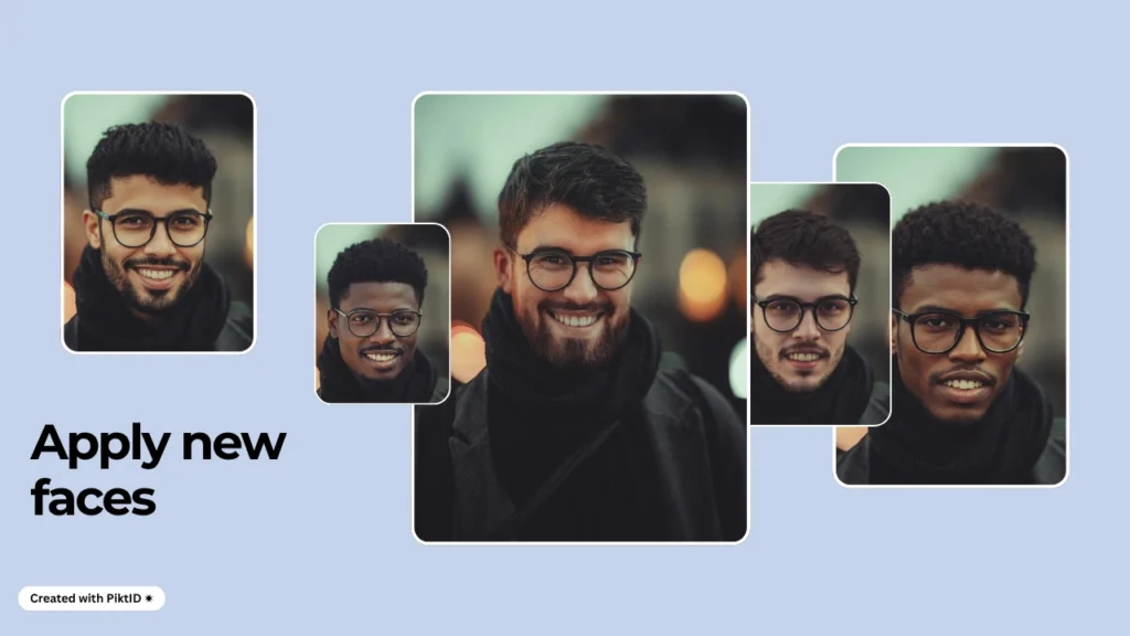 Eine Collage zeigt KI-generierte Gesichtsveränderungen bei mehreren Männern mit Brille und demonstriert die Funktion „Neue Gesichter anwenden“ von PiktID. Das Bild zeigt realistische Transformationen verschiedener Gesichter.