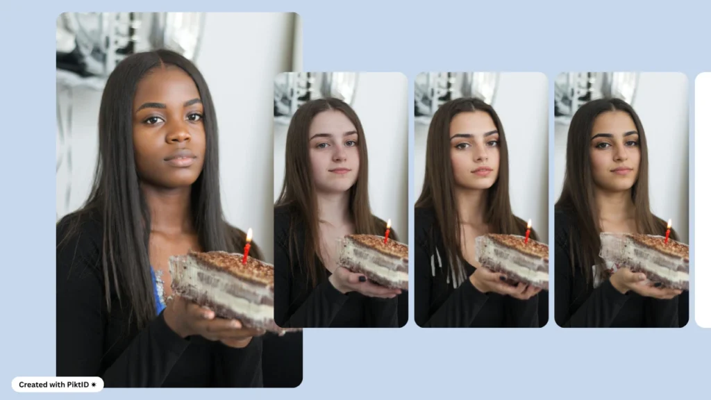 Eine Sequenz von Frauen, die eine Geburtstagstorte halten, jede mit einem anderen, mithilfe von PiktID künstlich erzeugten Gesicht. Das Bild veranschaulicht, wie durch Gesichtsveränderung aus einer einzigen Pose unterschiedliche Identitäten entstehen können.