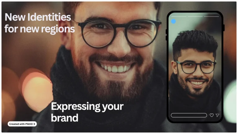 Un hombre sonriente con anteojos se muestra junto a una versión intercambiada de su rostro en una maqueta de teléfono, lo que representa la función "Nuevas identidades para nuevas regiones" de PiktID para la expresión de marca global utilizando caras cambiantes de PiktID.