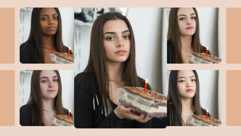 KI-generierte Variationen von Frauen, die denselben Kuchen halten, erstellt mit dem Face-Changing-Tool von PiktID. Demonstriert realistische Gesichtsvielfalt für Produkt- und Lifestyle-Bilder.