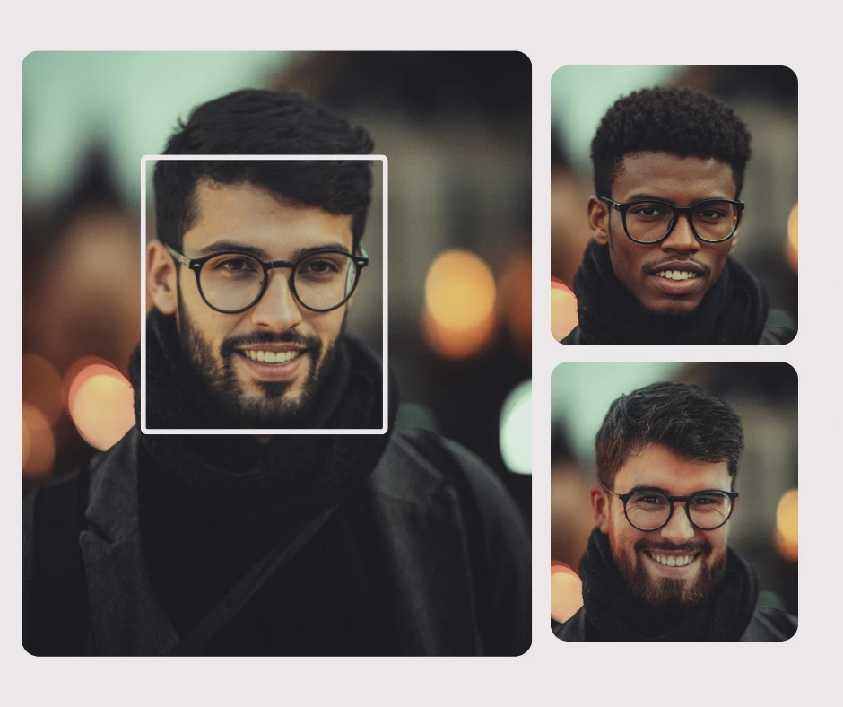 Ein Mann mit Brille ist unter mehreren Porträts hervorgehoben und demonstriert den Prozess der Gesichtsauswahl für den KI-Gesichtsaustausch. Das Bild stellt die Auswahl eines Motivs für die digitale Gesichtsaustauschtechnologie dar.