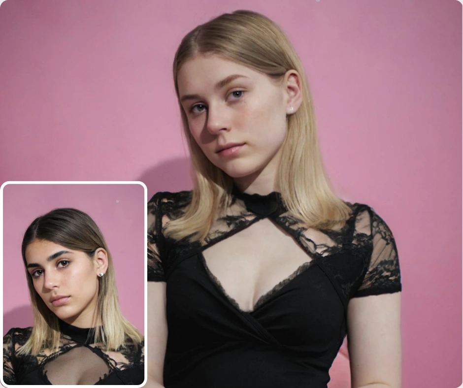 Zwei junge Frauen in ähnlichen schwarzen Spitzentops sind nebeneinander vor einem rosa Hintergrund abgebildet und veranschaulichen den Vorher-Nachher-Vergleich der Gesichtsveränderung. Dieses Bild verdeutlicht die mit PiktID erzielte Transformation.
