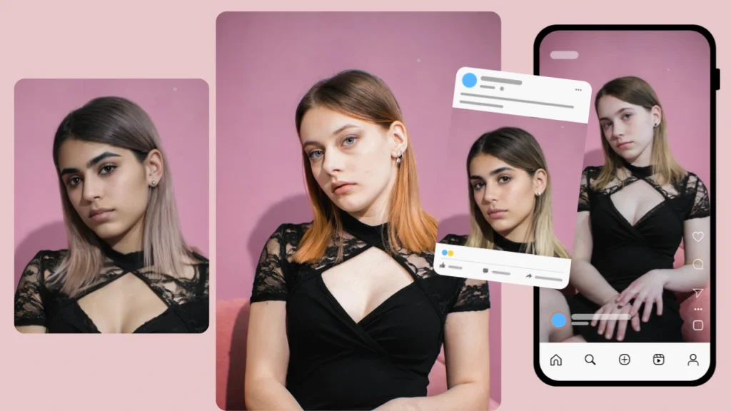 Mockups von Social-Media-Posts, die mehrere Gesichtswechsel einer Frau in schwarzer Kleidung vor einem rosa Hintergrund zeigen. Erstellt mit PiktID, um anpassbare digitale Identitäten zu demonstrieren.