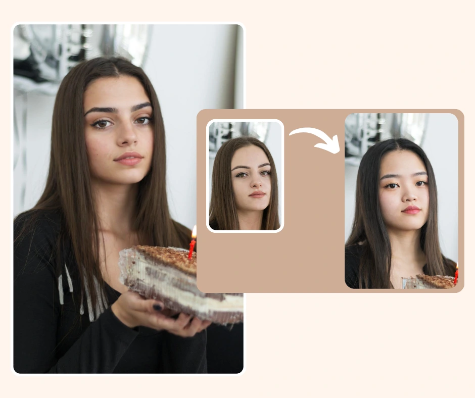 Eine junge Frau mit einem Kuchen erscheint neben zwei kleineren Porträts mit verschiedenen Gesichtsvertauschungen, was die KI-Gesichtsveränderungsfunktion von PiktID veranschaulicht. Das Layout zeigt fließende und realistische Übergänge zwischen den Identitäten.