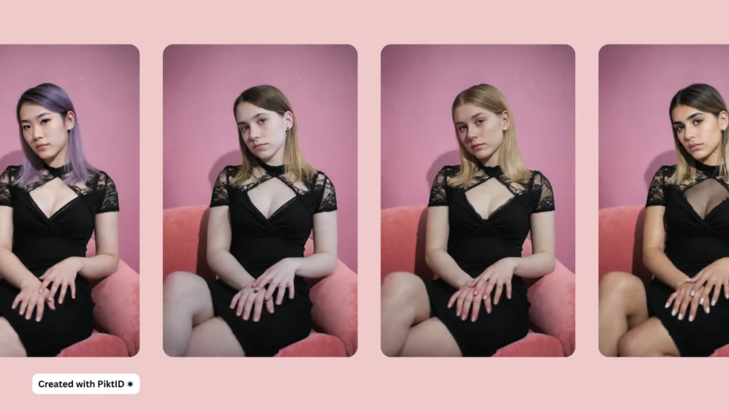 Drei KI-generierte Porträts von Frauen in identischen Posen vor einem rosa Hintergrund. Die mit PiktID erzielten Gesichtsvertauschungen werden gezeigt. Das Bild betont die nahtlose Identitätstransformation.
