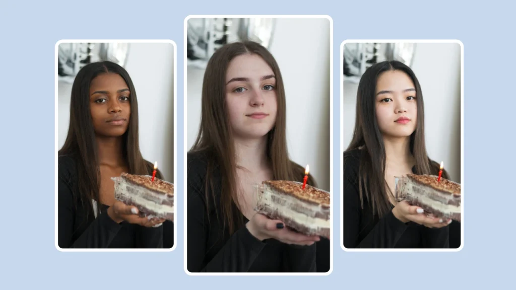 Drei Porträts von Frauen, die eine Geburtstagstorte halten. Jedes zeigt ein anderes, mit PiktID erstelltes KI-Gesicht. Demonstriert konsistente Beleuchtung und Ausdruck mit unterschiedlichen Identitäten.