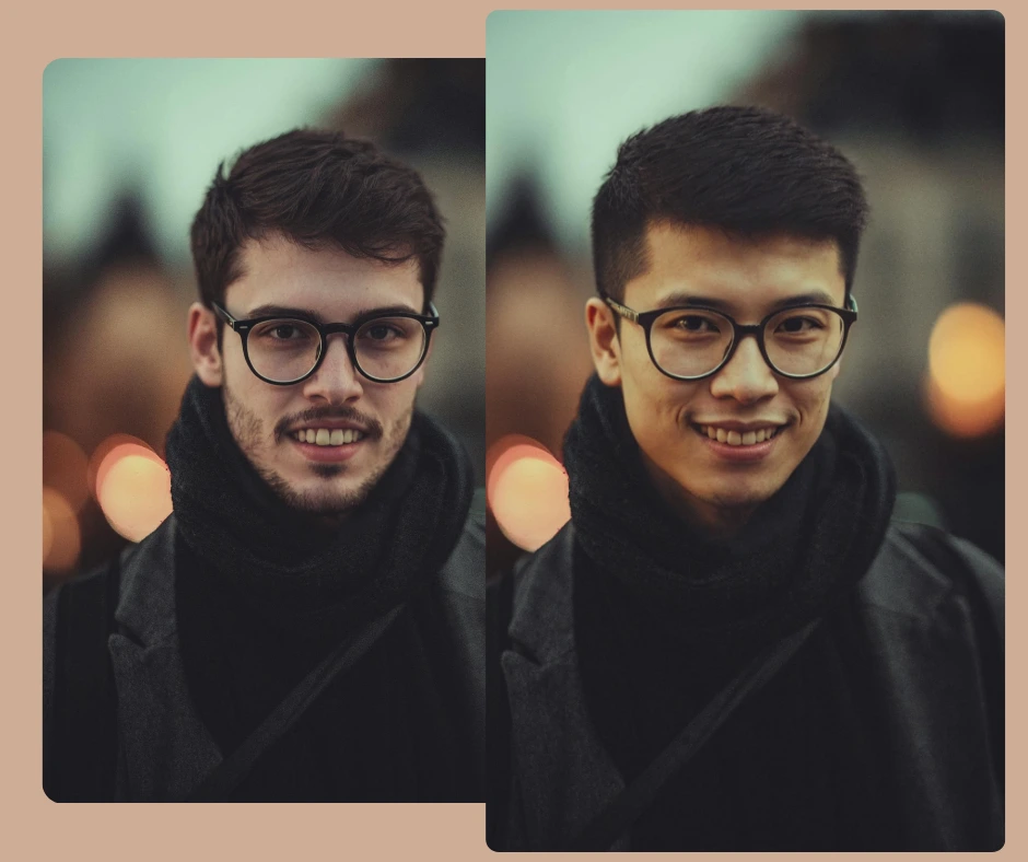 Zwei Männer in schwarzen Mänteln und Brillen werden nebeneinander verglichen und demonstrieren das Ergebnis einer KI-gestützten Gesichtsveränderung. Das Foto zeigt eine realistische Gesichtsveränderung bei gleichbleibender Beleuchtung und Hintergrund.