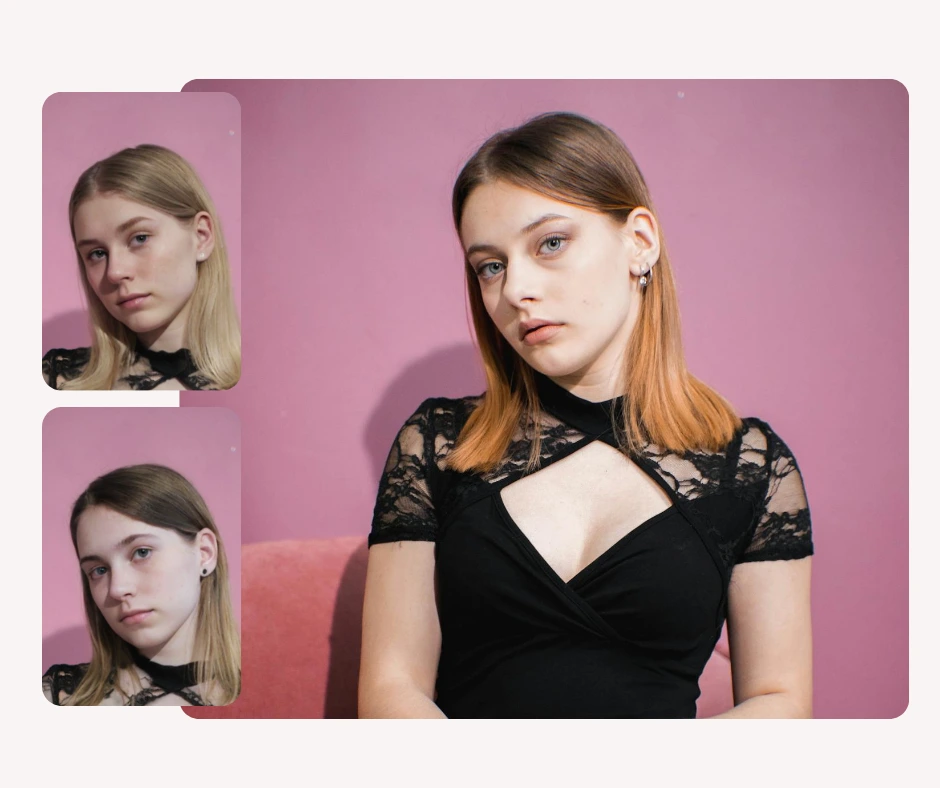 Eine junge Frau mit kurzen Haaren posiert vor einer rosa Wand. Kleinere Porträts zeigen verschiedene vertauschte Versionen ihres Gesichts. Das Bild verdeutlicht die KI-gestützte Gesichtsveränderung und die Genauigkeit der Fototransformation über verschiedene Varianten hinweg.