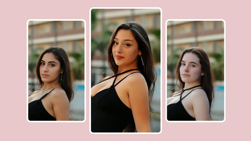 Trois femmes portant des robes noires posant avec assurance à l'extérieur, montrant comment les outils de changement de visage de l'IA peuvent générer différentes identités avec des expressions et un éclairage naturels.
