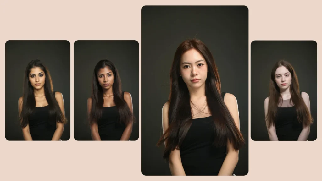 Quatre femmes avec des poses similaires dans des hauts noirs sous un éclairage de studio, démontrant des variations dans la structure du visage à l'aide d'une technologie de transformation du visage alimentée par l'IA.