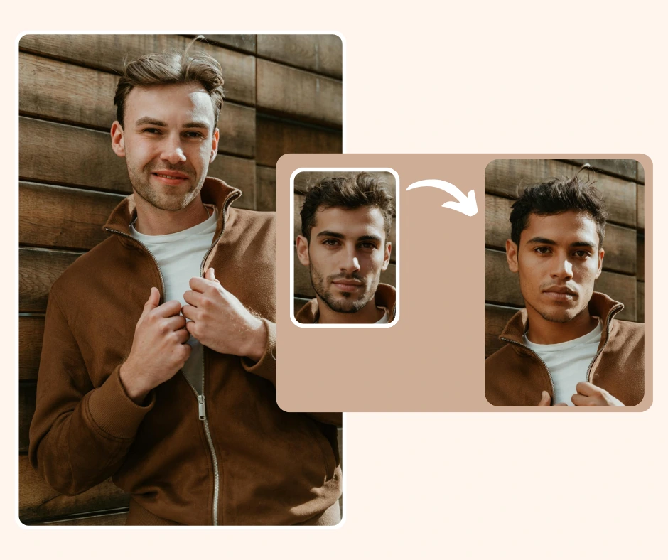 Un homme en veste marron pose devant un mur en bois. Un encart montre comment son visage est transformé grâce à un outil de transformation faciale. L'image illustre les résultats réalistes de la transformation faciale grâce à la technologie d'IA de PiktID.