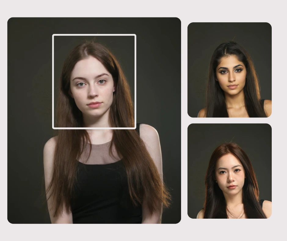 Le portrait d'une femme est mis en valeur à côté de deux autres visages potentiels, illustrant les options de sélection de nouvelles identités. L'image illustre comment les utilisateurs peuvent choisir différents visages pour la modification faciale basée sur l'IA.