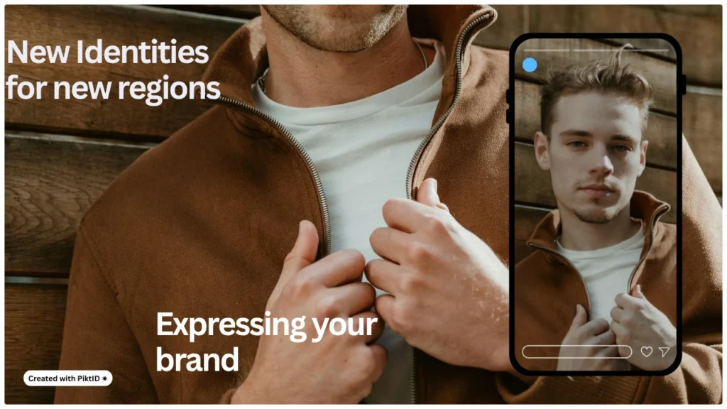 Un homme ajuste sa veste marron à côté d'un aperçu sur smartphone de son visage retouché par l'IA, symbolisant les nouvelles identités numériques pour les campagnes de branding et de marketing. Apprenez à modifier la forme du visage avec PiktID.