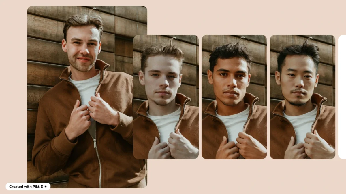 Plusieurs portraits d'hommes en vestes marron disposés côte à côte, montrant divers résultats d'échange de visage obtenus grâce à la transformation d'identité IA de PiktID.