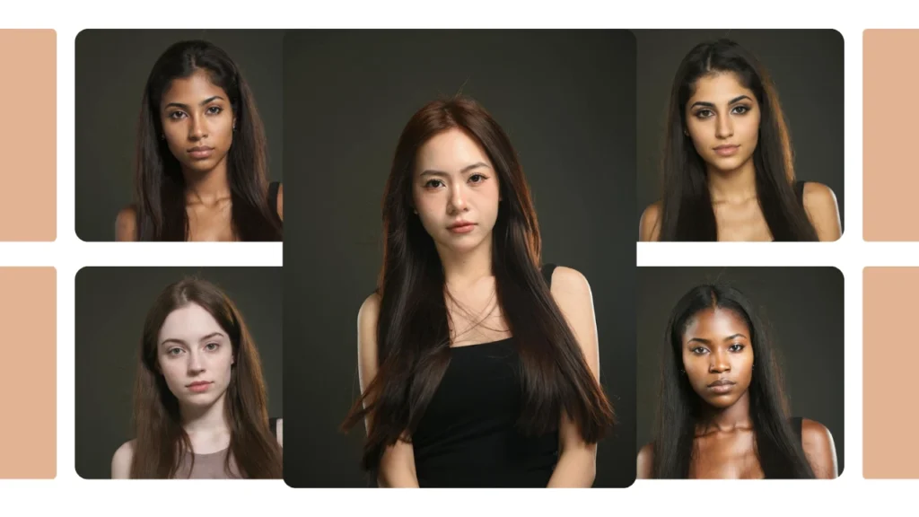 Groupe de cinq femmes en tenues noires présentant différentes variations de visage, mettant en évidence plusieurs échanges de visages d'IA qui démontrent la diversité et le réalisme.