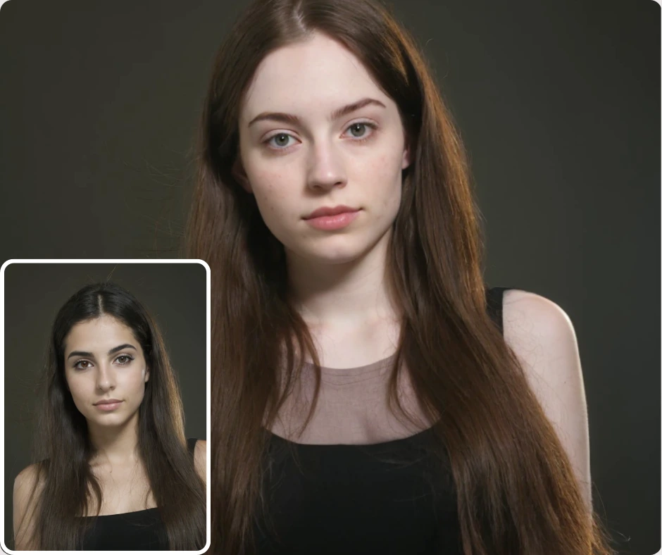 Gros plan d'une femme aux longs cheveux bruns, avec un encart montrant une option de visage alternatif. Ce visuel explique comment l'IA de PiktID, capable de changer de visage, permet d'obtenir des résultats naturels.