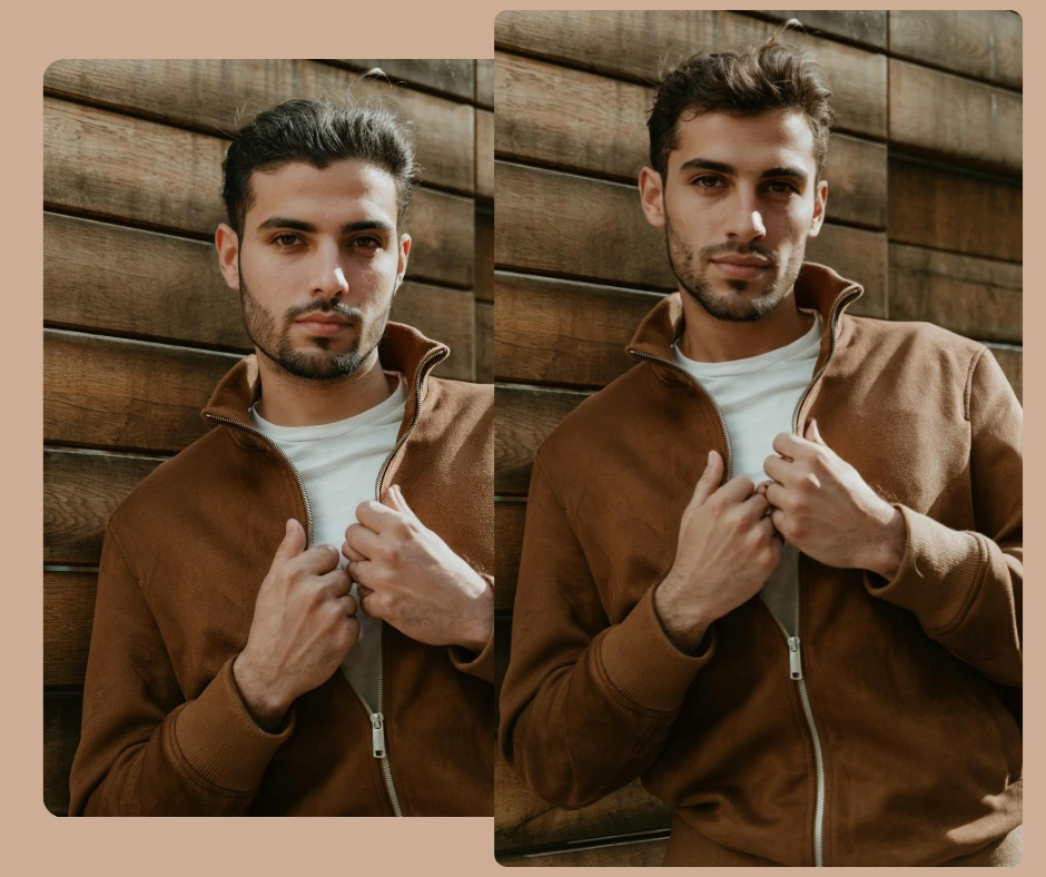 Deux portraits côte à côte du même homme portant une veste marron montrent avant et après l'échange de visages. L'image compare de subtiles différences faciales pour illustrer des changements d'identité réalistes grâce à la technique PiktID.